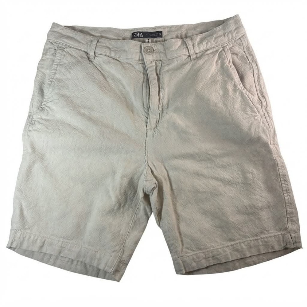 Zara Man Mens Beige Textured Chino Shorts Size 32 Tan Off White Flat Front Beach